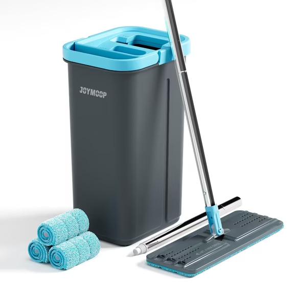 JOYMOOP Mop and Bucket Set with Wringer, with 3 Reusable Microfiber Mop Pads - Grey+Cyan Blue
