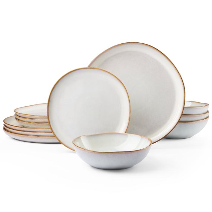 Vesteel Dinnerware Set , 12 Pieces Premium Stoneware Plates and Bowls Set for 4, Handmade Reactive Glaze Dishes, Chip & Scratch Resistant, Microwave and Dishwasher Safe - Pearl White
