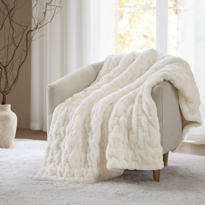 Solid Ruched Faux Fur Ivory 50x60" Reversible Throw
